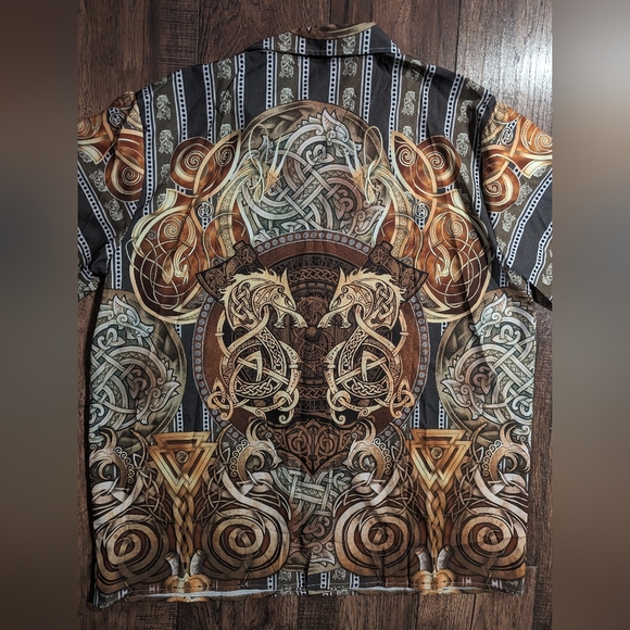Hawalili Mens Button Down Shirt Brown & Gold Dragon Print Size 2XL Unique! - Picture 13 of 16